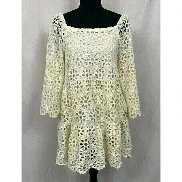 VICI Womens Small Ivory Dress Crocheted Daisy Ruffled Lined 3/4 Sleeves Eyelets - Picture 1 of 12